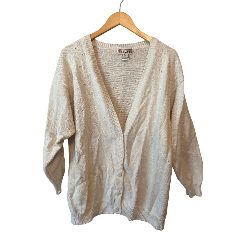 Vintage Milano White Cardigan Knit Cottage Office Work Sweater Plus Size 14 16